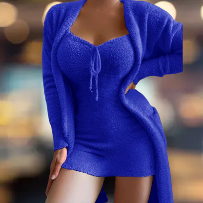 Kvinnors Stickad Set - Bodycon Miniklänning & Lång Kofta - Mjuk & Stretchig