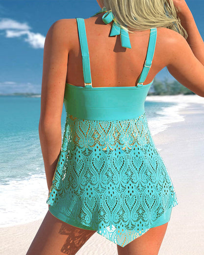 Dam Tankini Set – Avslappnad Passform – Justerbara Band – Spetsdetaljer – Andningsbar Mix