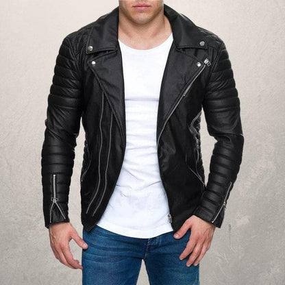 Herr Bikerjacka – Äkta Läder – Asymmetrisk Dragkedja – Quiltade Detaljer – Slim Fit