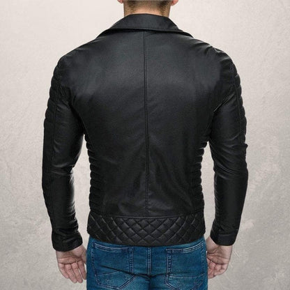 Herr Bikerjacka – Äkta Läder – Asymmetrisk Dragkedja – Quiltade Detaljer – Slim Fit