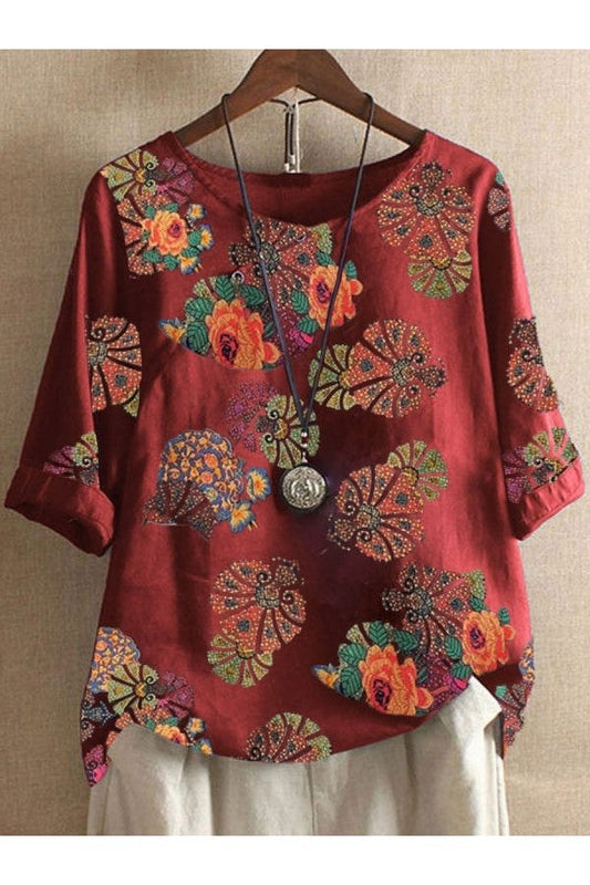 Dam Blus - Blommigt Mönster - Lös Passform - Uppvikta Ärmar - Boho-Chic Stil