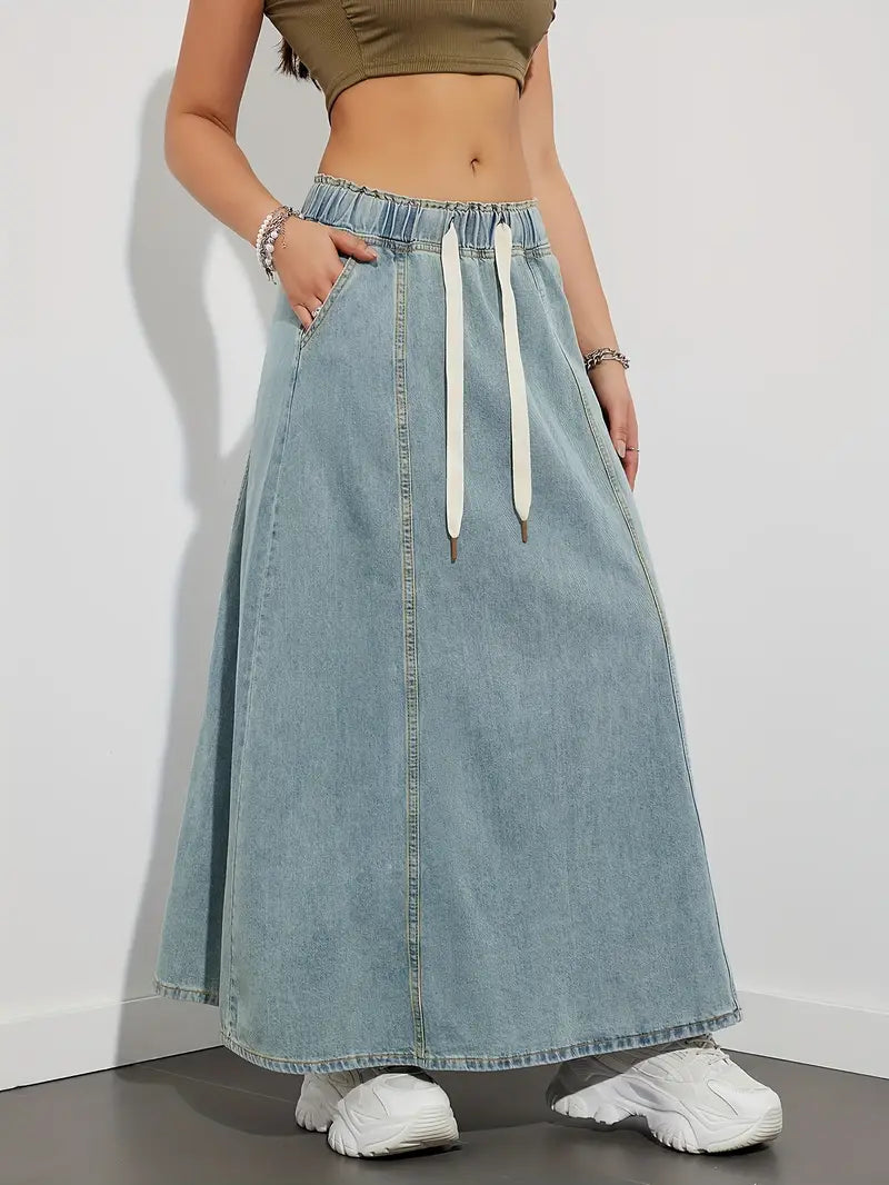 Dam Jeanskjol – Lång High Waist – Elastisk Midja med Dragsko – Casual och Bekväm