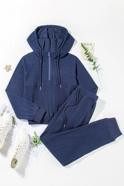 Damtracksuit - Ribbad Lounge Set - Kvartzip Tröja & Högmidjade Joggers