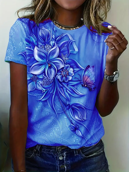 Dam T-shirt - Rund hals - Kortärmad - Blommigt tryck med fjärilsmotiv - Bekväm