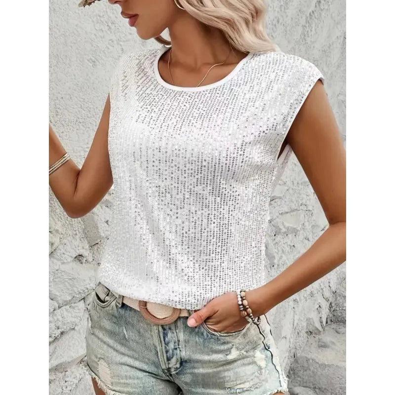 Damtopp med paljettmönster - Ärmlös rund halsringning - Casual Chic Glitter