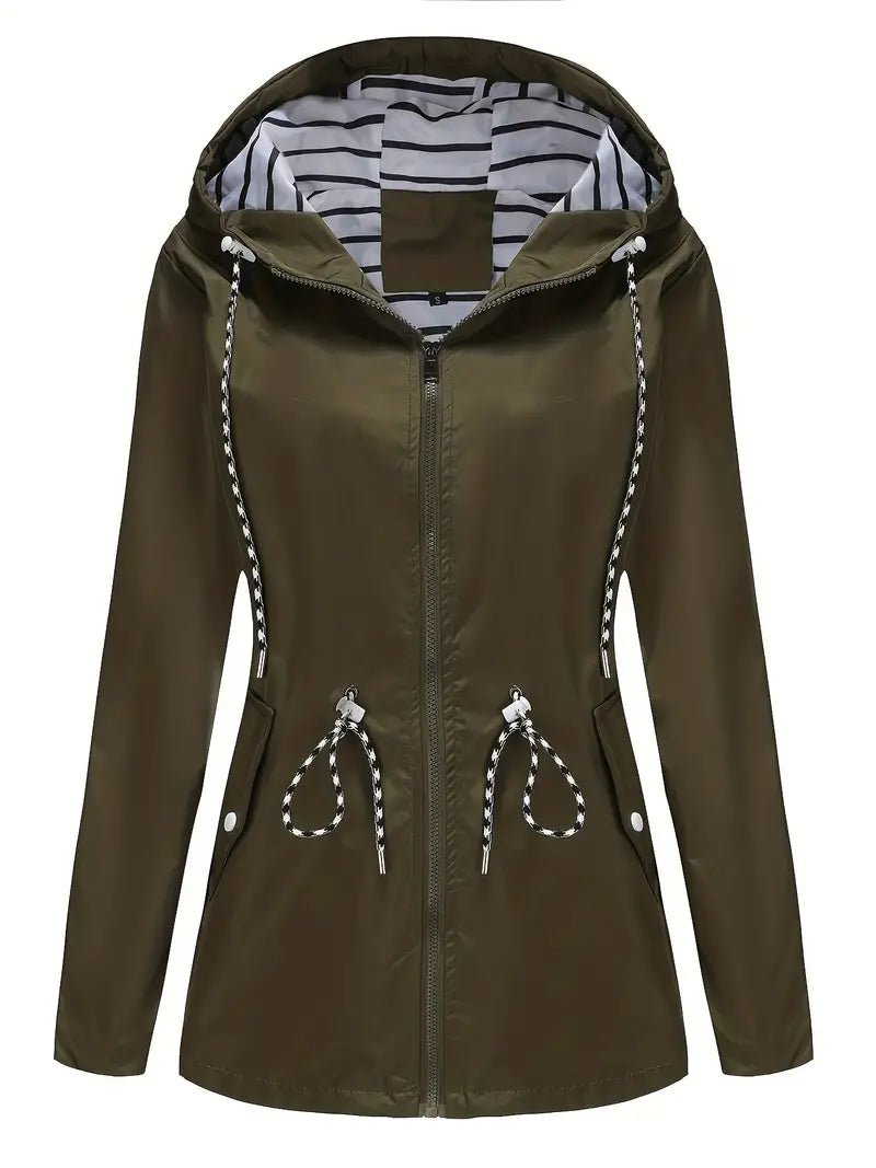 Damjacka – Vattentätt Tyg – Figursydd Passform – Justerbar Midja – Huva med Dragsko