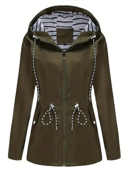 Damjacka – Vattentätt Tyg – Figursydd Passform – Justerbar Midja – Huva med Dragsko