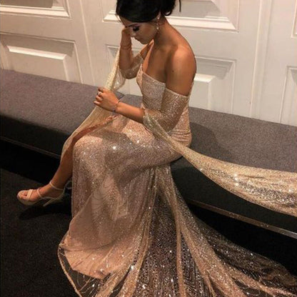 Dam Klänning - Maxilängd - Off-Shoulder - Djup Halsringning - Hög Slits - Elegant Festklänning
