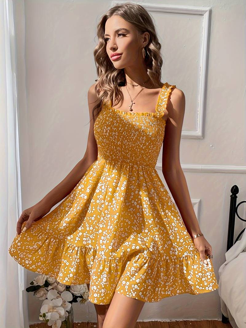 Klänning Dam - Ärmlös Smockad Bodice - Fyrkantig Halsringning - Blommigt Mönster - Vardagsbruk
