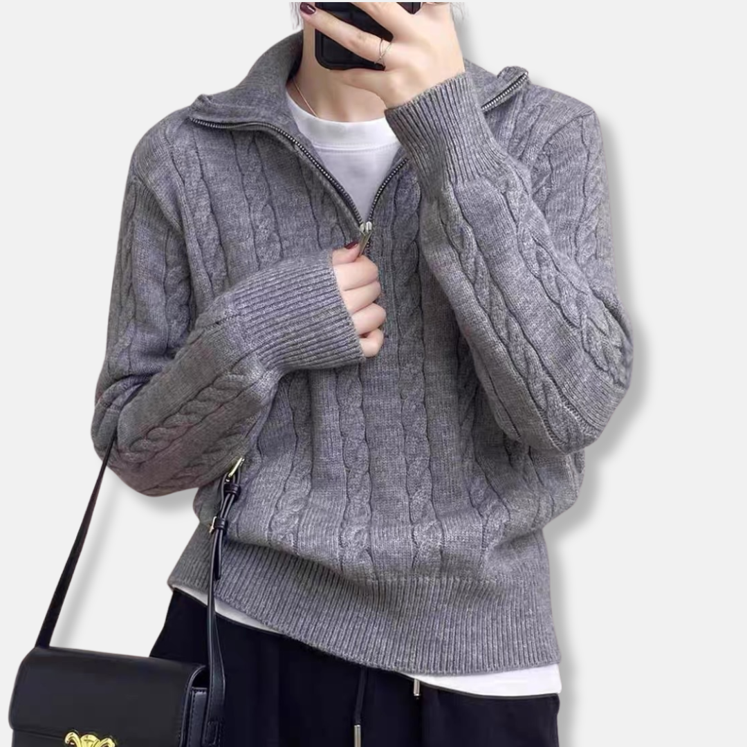 Damtröja med Halv Dragkedja – Cable Knit i Bomull – Avslappnad passform – Vardagsplagg