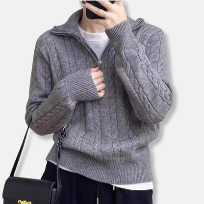 Damtröja med Halv Dragkedja – Cable Knit i Bomull – Avslappnad passform – Vardagsplagg