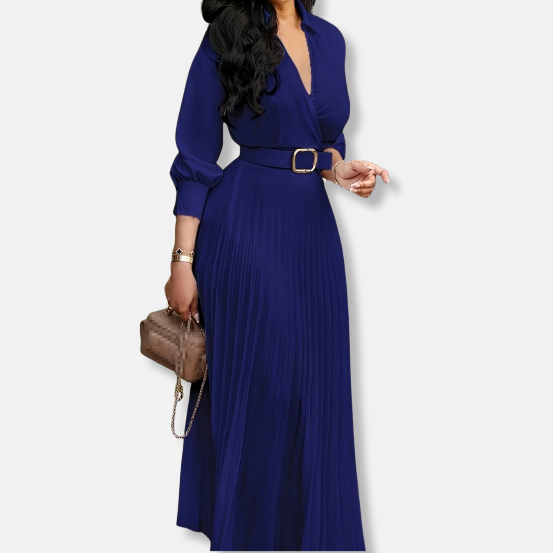 Damklänning Midi – A-linjeformad med Omlottdesign – Puffärm – Plisserad Kjol – Skärp i Midjan