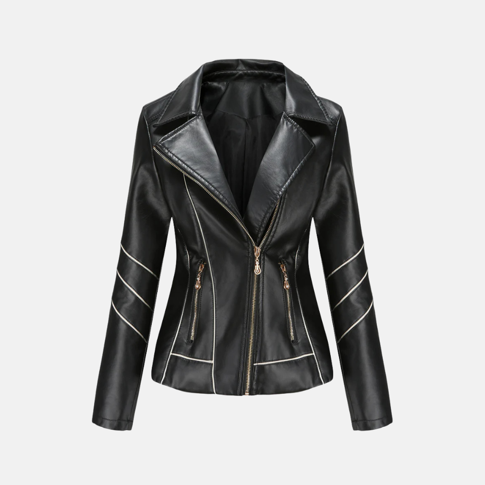 Damjacka Motorcykelstil – Slim Fit – Asymmetrisk Dragkedja – Quiltade ärmar – Kort Modell