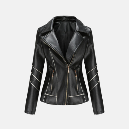 Damjacka Motorcykelstil – Slim Fit – Asymmetrisk Dragkedja – Quiltade ärmar – Kort Modell