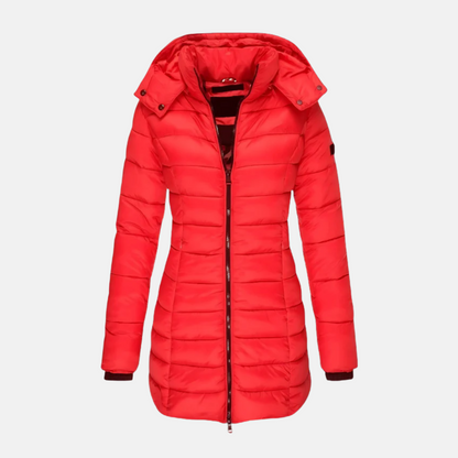 Dam Pufferjacka – Slim Fit – Quiltad – Mellanlång – Huva – Muddade Ärmslut