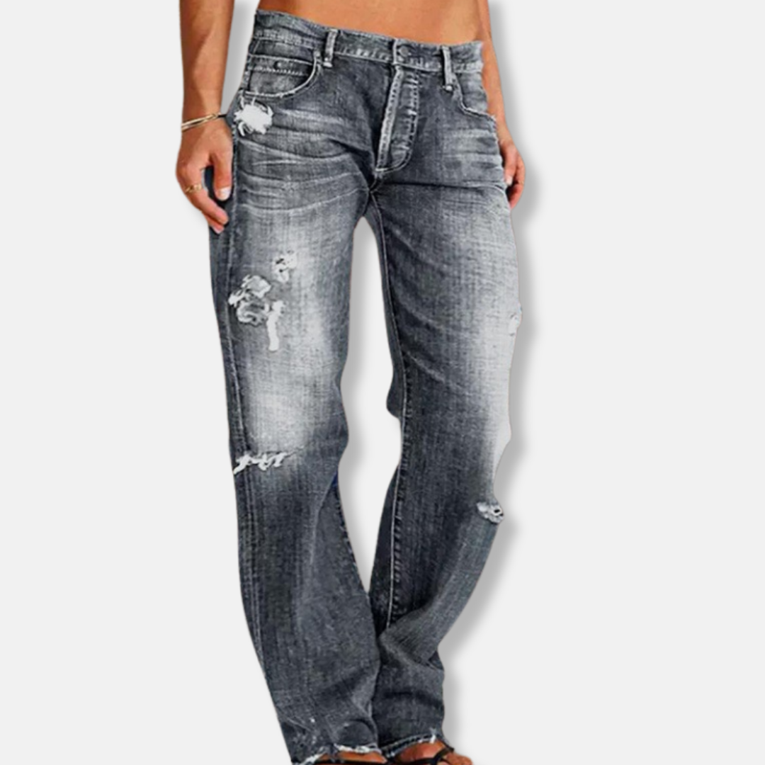 Damjeans – Hög Midja – Avslappnad Passform – Utsvängda Ben – Sliten Denim – Rå Kant