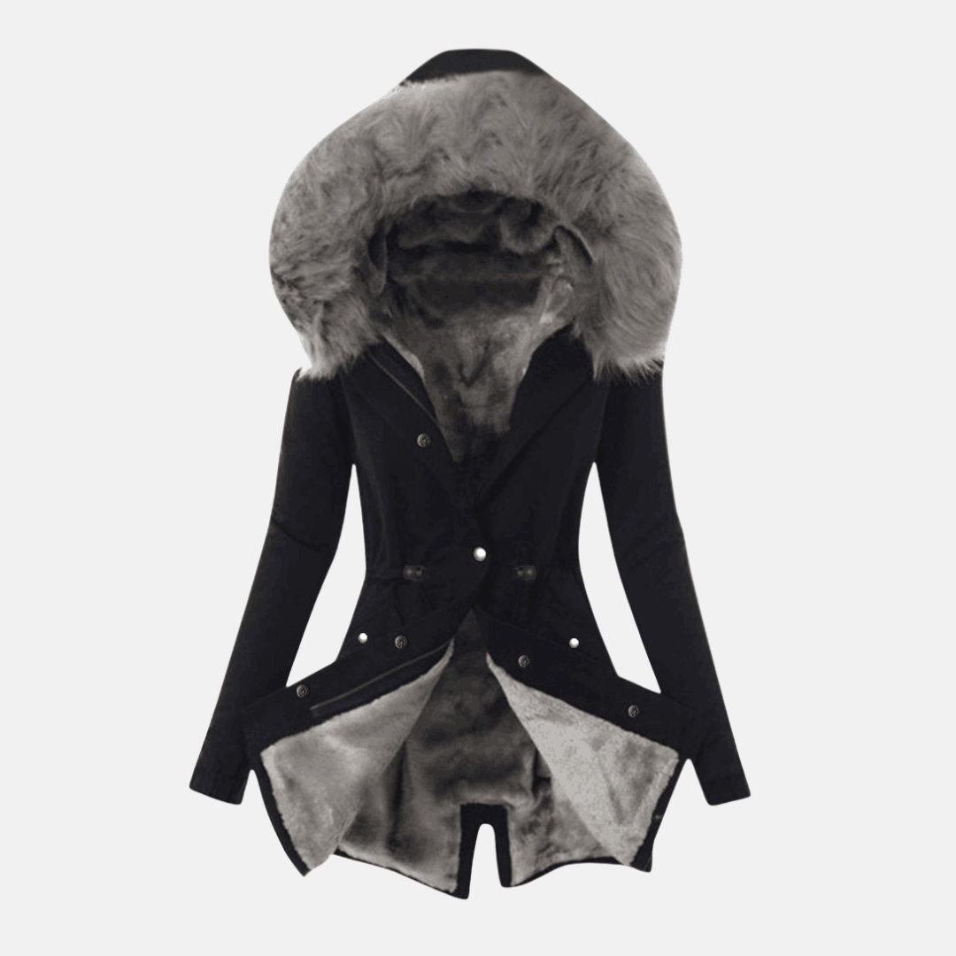 Damjacka – Slim Fit – Justerbar Midja – Mjukfodrad Huva – Medellång – Knappstängning