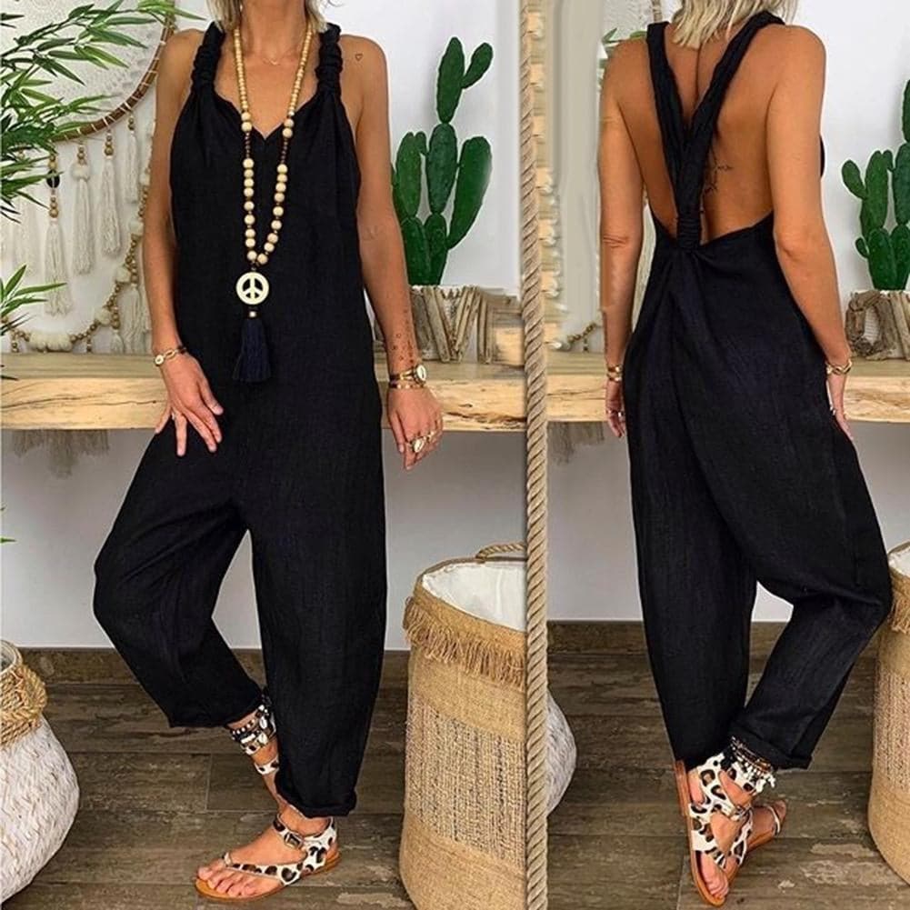 Dam Jumpsuit – Avslappnad Passform – Andningsbar Mix – Öppen Rygg – Knytband
