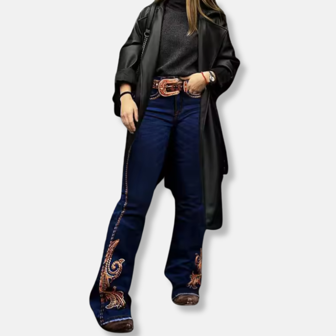 Damjeans Bootcut – Broderade Detaljer – Kontrastsömmar – Hellång Västernstil