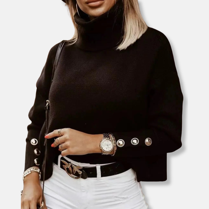 Damtröja med Turtleneck – Avslappnad Passform – Finstickad Ull – Knappdetaljer ärm