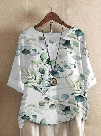 Damblus - Blommigt Mönster - Rund Hals - Halvlång Ärmar - Bekväm och Andas