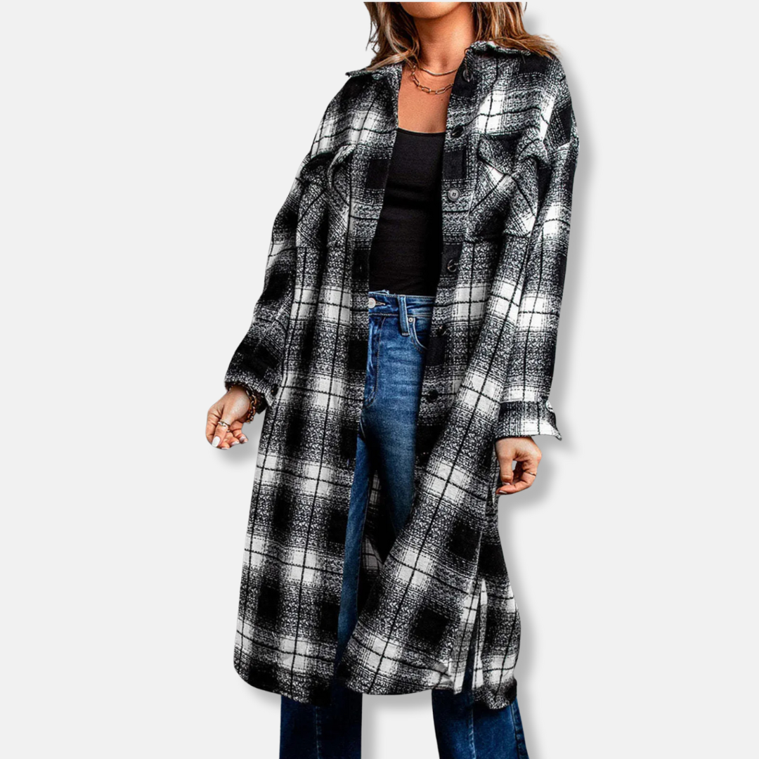 Dam Lång Cardigan Shacket – Oversize Passform – Rutigt Mönster – Knäppning – Bröstfickor