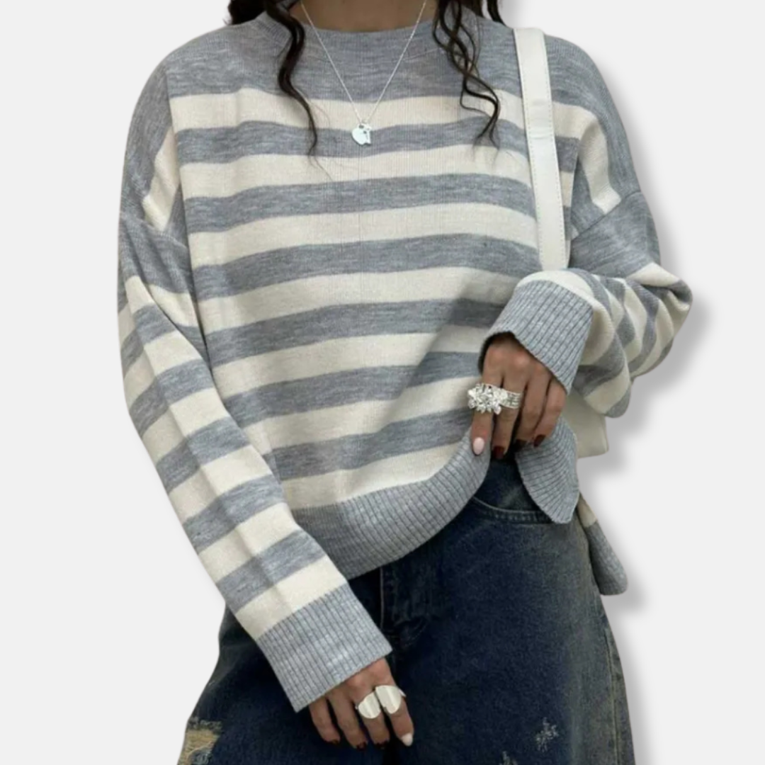 Damtröja – Lös Passform – Randigt Stickat Tyg – Ribbad Rund Hals och Muddar