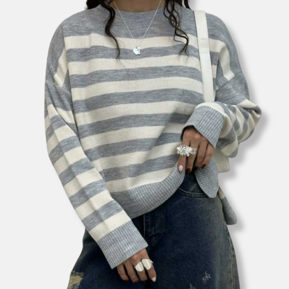 Damtröja – Lös Passform – Randigt Stickat Tyg – Ribbad Rund Hals och Muddar