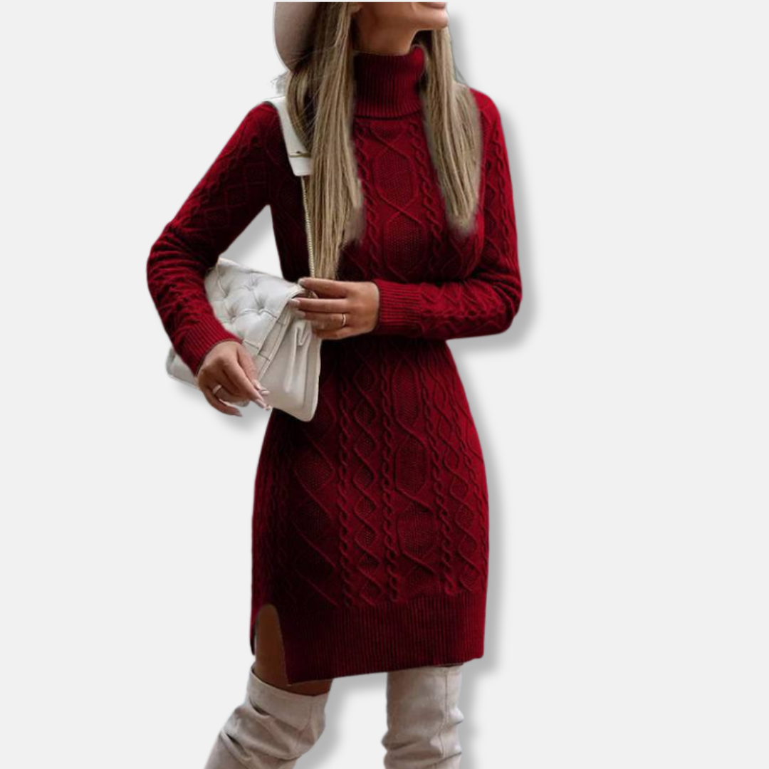 Damstickad Klänning – Slim Fit – Kabelstickad – Ull – Polokrage – Långärmad – Slits