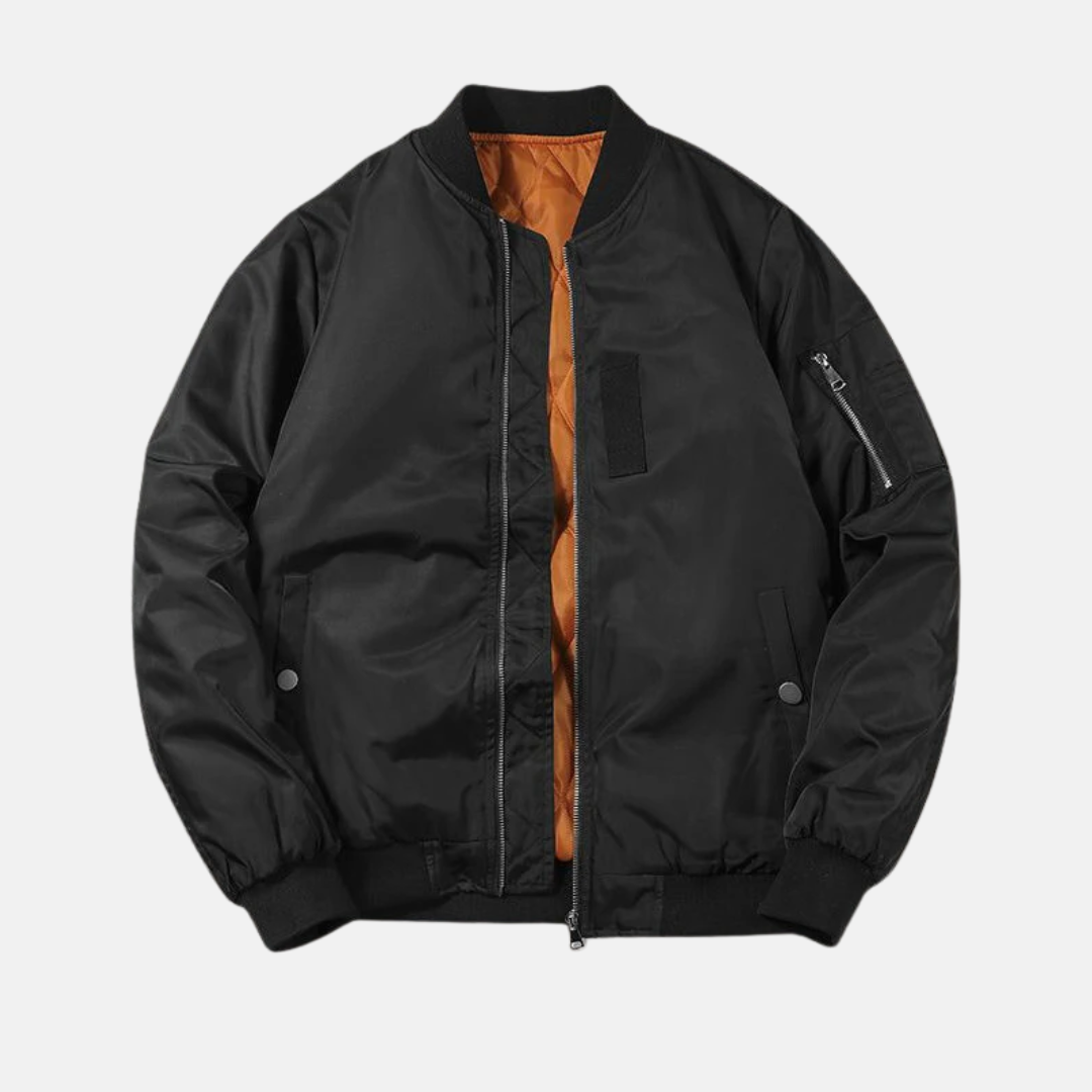 Herr Bomberjacka – Avslappnad Passform – Vadderat Foder – Ribbad Krage och Muddar – Ärmficka med Dragkedja