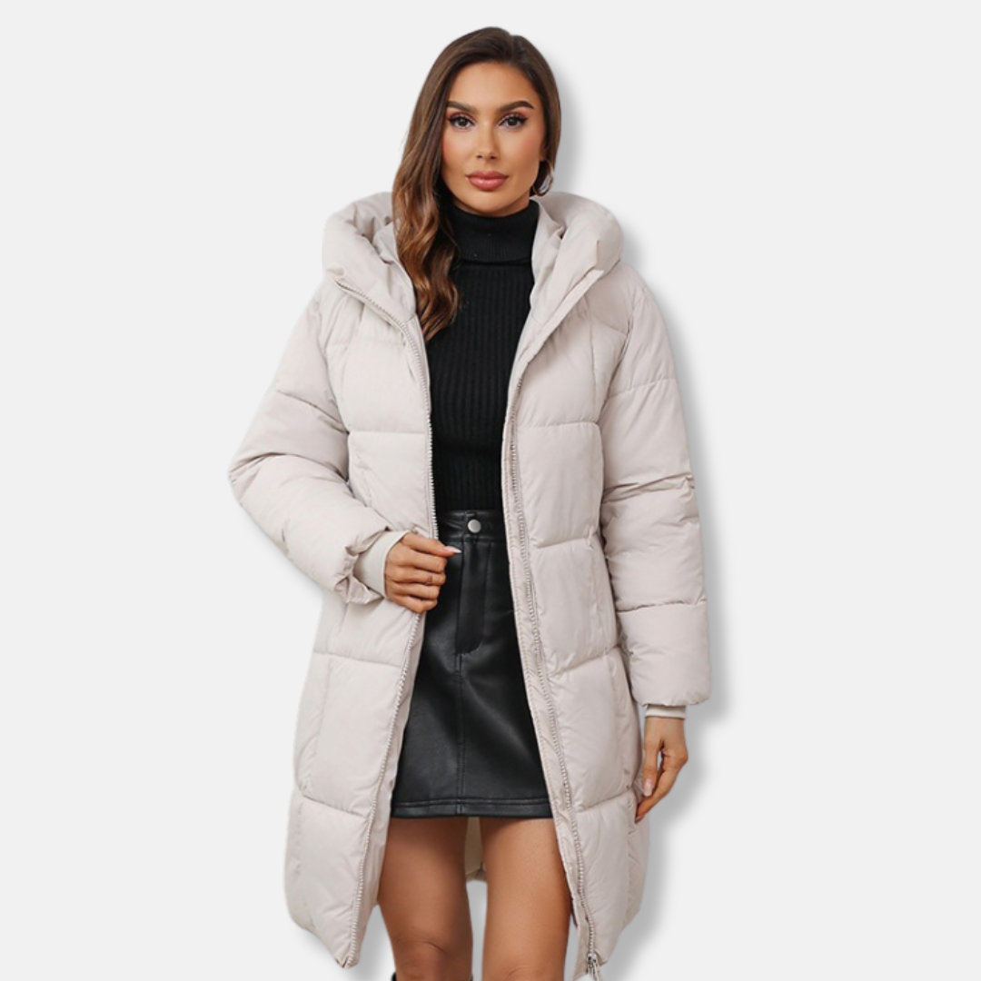 Damjacka med Huva – Slim Fit – Vadderad Quiltad – Mellanlång – Dragkedja Fram