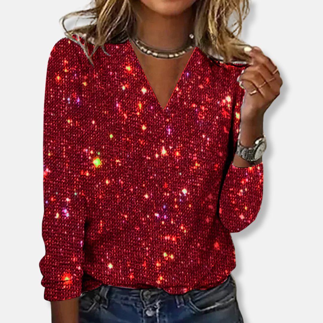 Amelia Glittertopp V-ringad Avslappnad Passform | Lång Ärm Topp