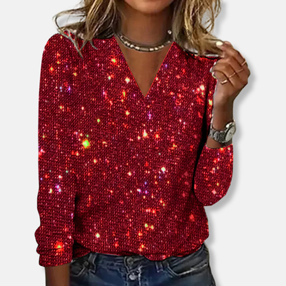 Amelia Glittertopp V-ringad Avslappnad Passform | Lång Ärm Topp