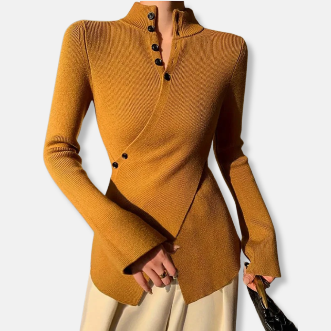 Damtop – Slim Fit – Hög Krage – Ribbstickad – Asymmetrisk Fåll – Långa Ärmar – Knappar