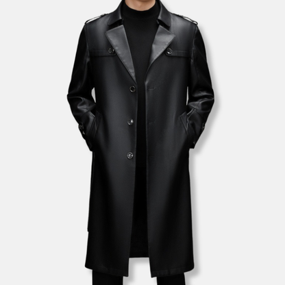 Herr Trenchcoat – Slim Fit – Läder – Enkelknäppt – Lång Modell – Klassiska Epåletter