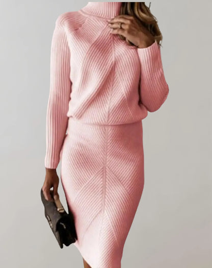 Damset – Figurnära Ribbstickad Turtlenecktröja & Midikjol – Mjukt Stretchmaterial