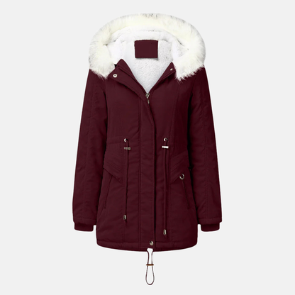 Damjacka – Mellanlång – Vadderad – Fleecefodrad – Dragsko i Midjan – Fuskpälsluva