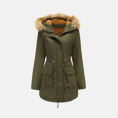 Damparkas – Fleecefodrad – Figursydd Passform – Huva med Fuskpäls – Medeldjup Längd