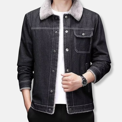 Herr Jeansjacka - Denim - Slim Fit - Punktkrage - Fleecefodrad