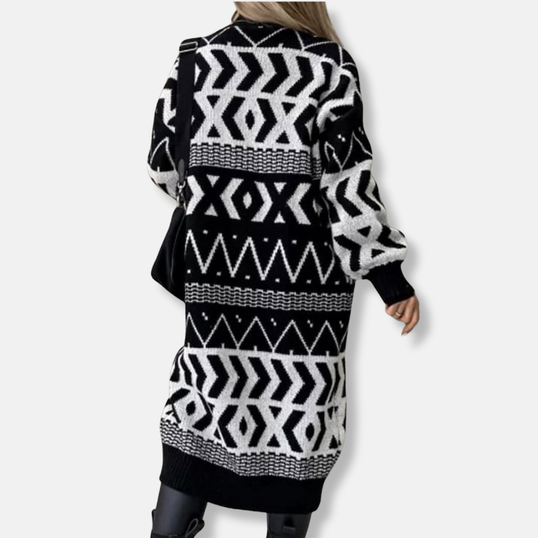 Damkofta Lång – Lös Passform – Stickad – Geometriskt Mönster – Öppen Front
