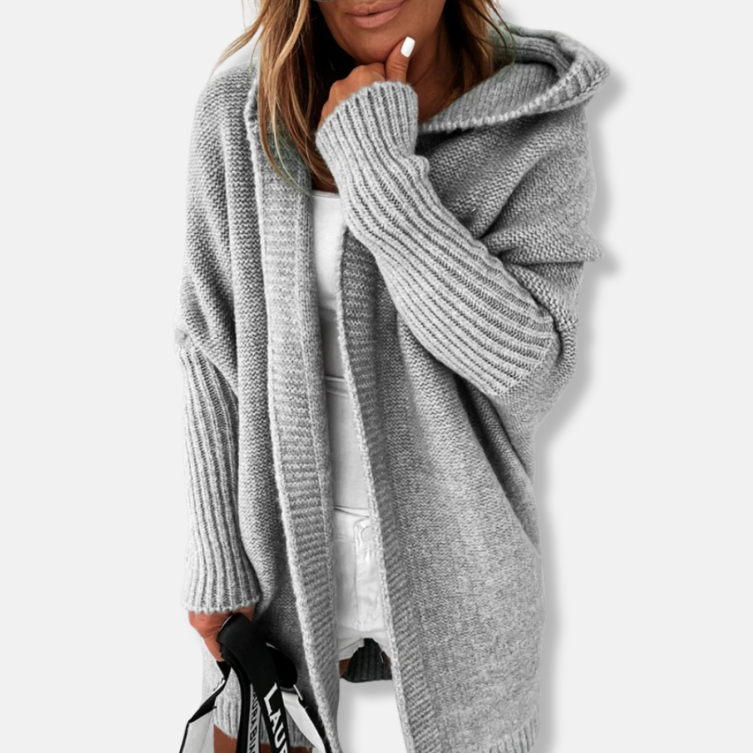 Dam Jacka – Oversize Passform – Stickad – Huva – Öppen Front – Ribbad Mudd