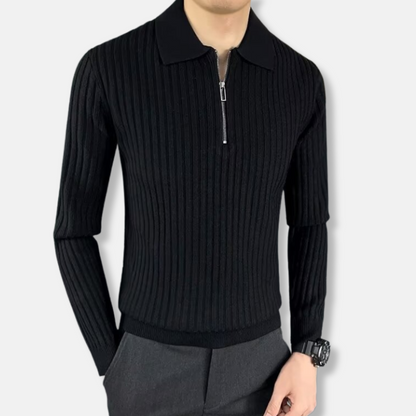 Herrtröja – Slim Fit – Ribbad Struktur – Polokrage – Dragkedja – Lång ärm
