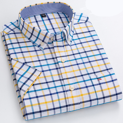 Herr Skjorta - Klassisk Rutig Design - Bomull - Button-Down Krage - Kortärmad