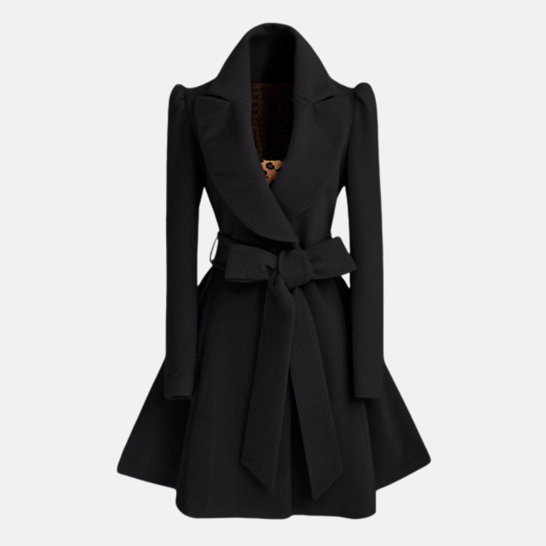 Damkappa – Slim Fit – Ullkänsla – Vidkragad – Midjebälte med Rosett – A-linjemodell