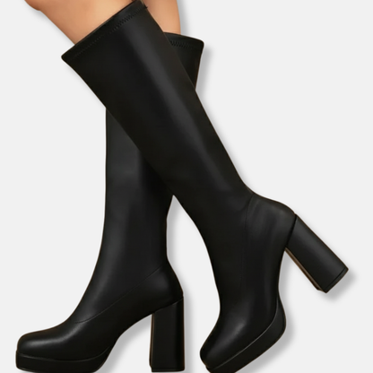 Damstövlar över Knä – Chunky Klack – Plattformssula – Smal Passform – Modern Stil