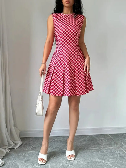 Damklänning - Ärmlös A-linje - Rutig - Rund hals - Figursydd Midja