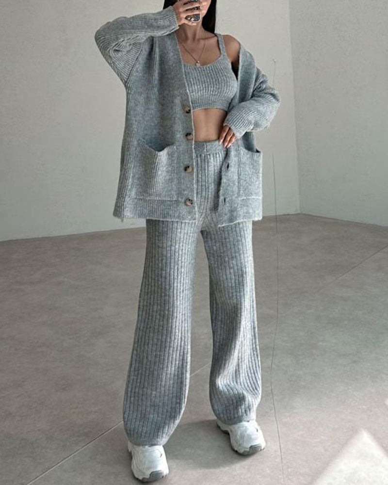 Dam Loungewear-Set - 3-delad Stickad - Kofta, Linne & Vida Byxor - Bekväm Passform