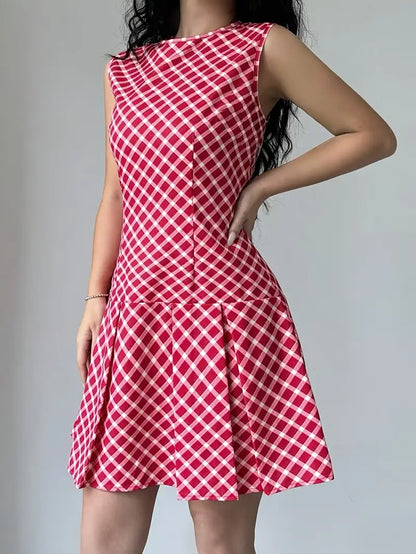 Damklänning - Ärmlös A-linje - Rutig - Rund hals - Figursydd Midja