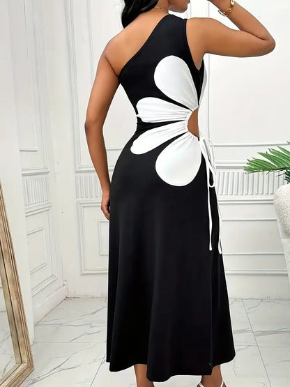 Dam Klänning – One Shoulder – Midilängd – Utskuren Midja – Elegant Passform