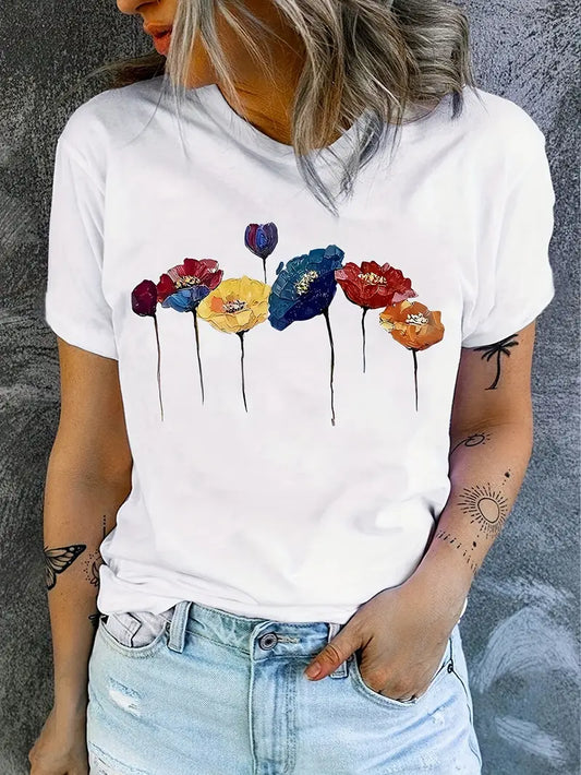Dam T-shirt – Avslappnad Passform – Andningsbar Mix – Blommigt Tryck – Kort Ärm